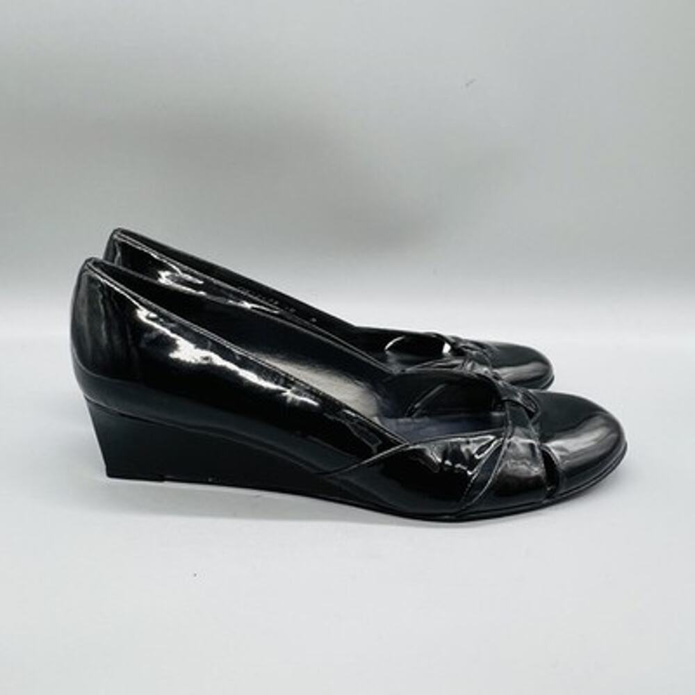 Stuart Weitzman Shoes Womens 10 Black Patent Leather Wedge Bow Pumps FW12479 - Picture 2 of 11